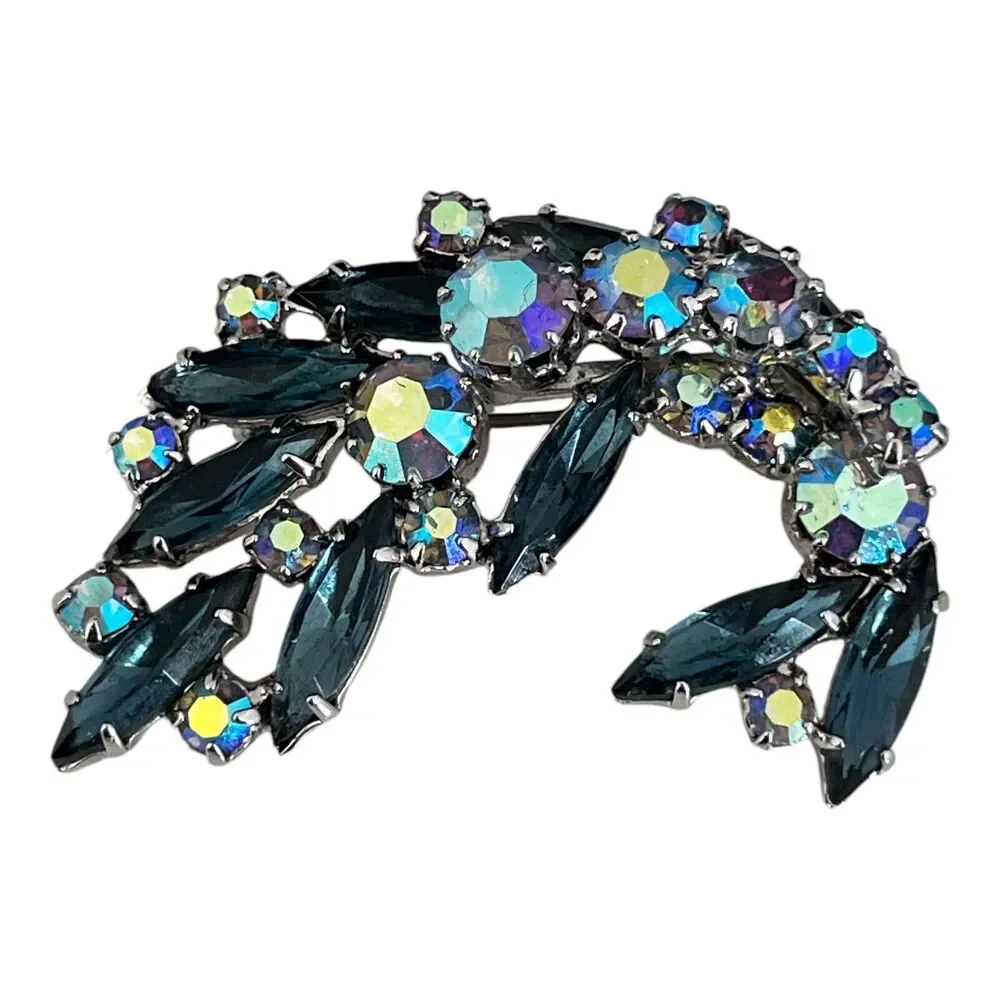 Vintage 1960s Rhinestone Brooch Blue Navette Aurora Borealis Silver Tone Pin- 8T